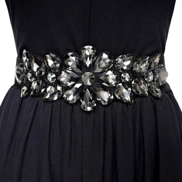 Accessories - Black Gemstone Floral Design Stretchy Belt